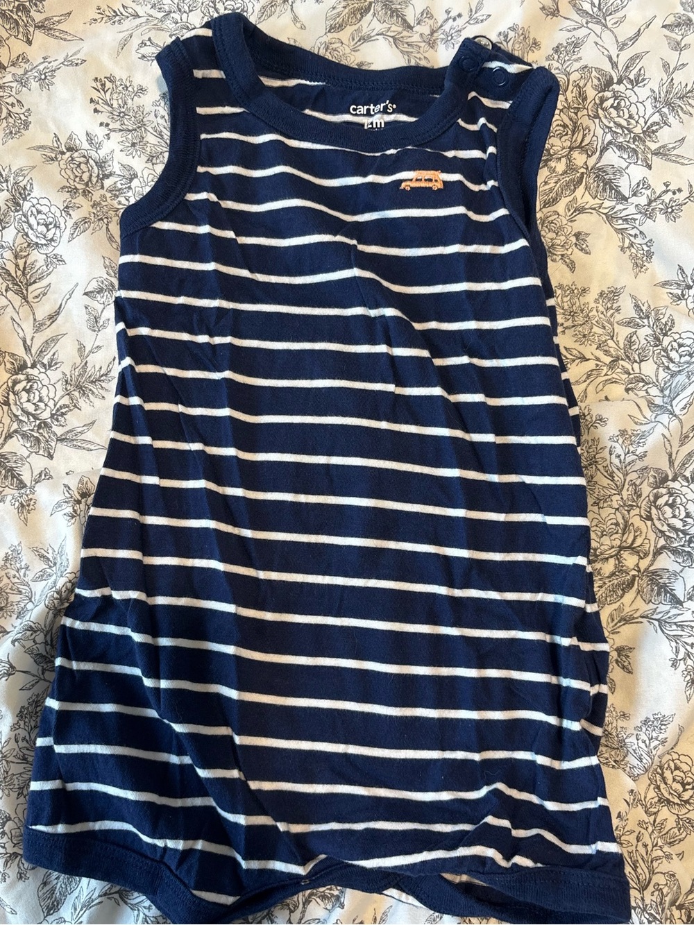 Carter's Navy and White Striped Sleeveless Romper with Small Orange Van